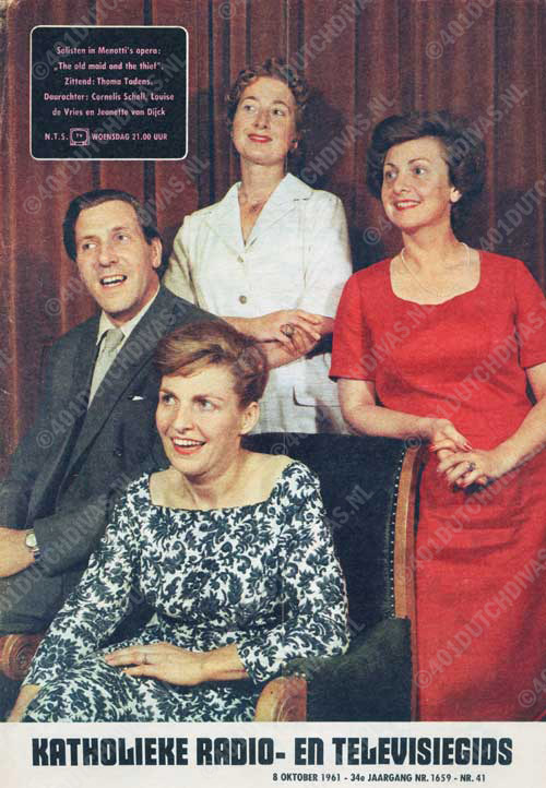 'The old maid and the thief ', opera van Menotti, TV-opvoering 8 oktober 1961, zittend Thoma Tadens (Miss Tod), daarachter v.l.n.r. Cornelis Schell (Bob), Louise de Vries (Laetitia) en Jeannette van Dijck (Miss Pinkerton